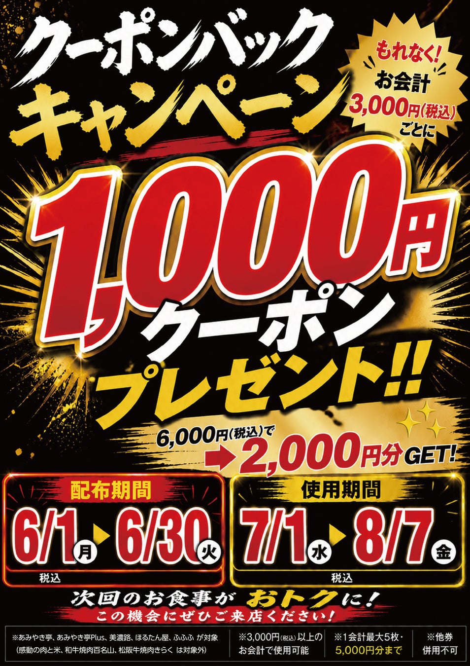 【あみやき亭中部グループ】あみやき亭グループ30周年記念“食べた分だけ次回おトク。”お会計3,000円ごとに「1,000円クーポン」プレゼント！「クーポンバックキャンペーン」6月1日（月）より開催！