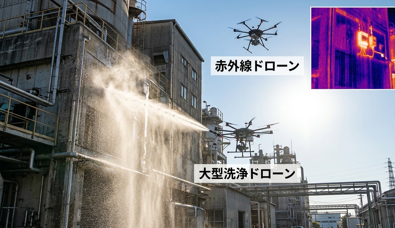 株式会社 リックス。従来足場不要・コスト大幅削減！ドローン洗浄「スカイWash工法」に赤外線点検をプラスした、工場外装衛生の最新工法『スカイWash・Plus』をサービス開始。