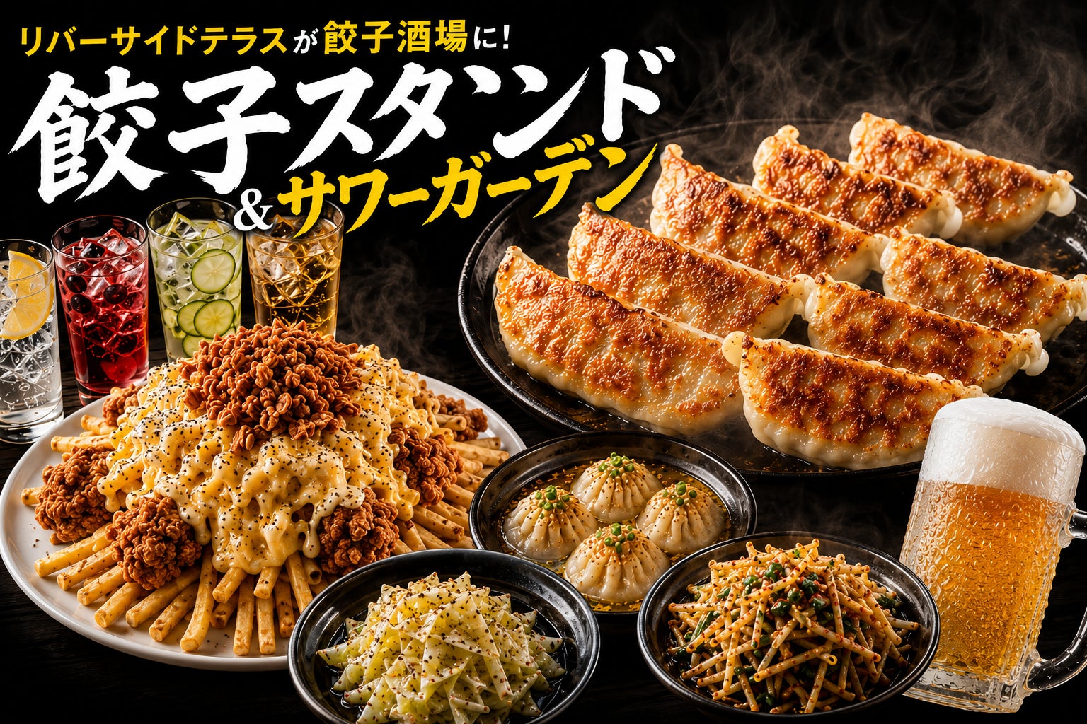 天満橋・大川を望むリバーサイドテラスが餃子酒場に！“どう考えても安すぎる”餃子・唐揚げ・サワー食べ飲み放題の「餃子スタンド＆サワーガーデン」が6月8日（月）オープン