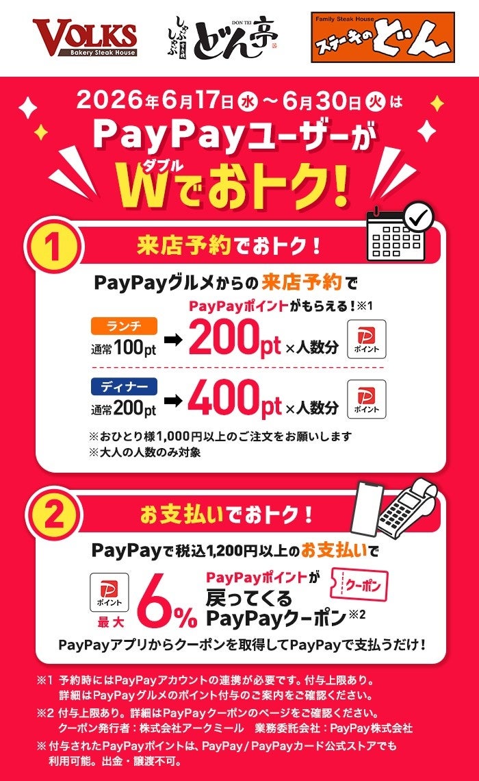 PayPayユーザーはWでお得！ポイント2倍キャンペーンを6月17日(水)～6月30日(火)まで(株)アークミール3ブランド（フォルクス・ステーキのどん・しゃぶしゃぶどん亭）で開催