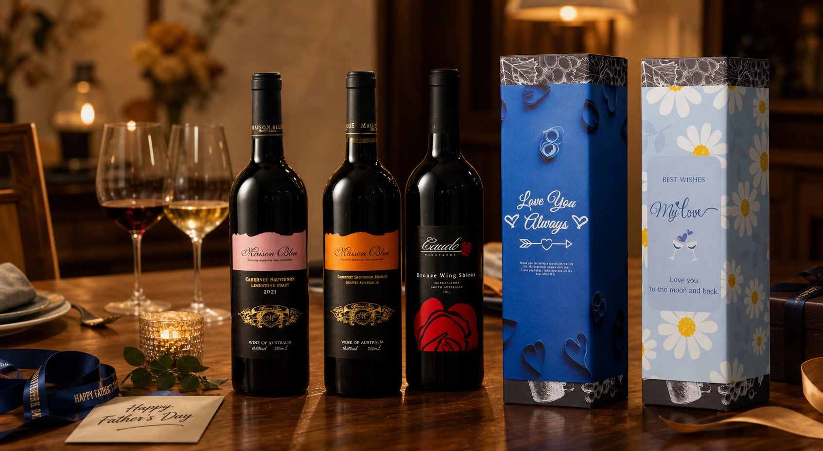 G’day Wine、父の日セールに合わせて赤ワイン新商品3種を発売感謝を込めて贈る、オーストラリア産赤ワインギフト。父の日の贈り物としてお父さんに贈りやすい、オリジナルのブルー熨斗をご用意