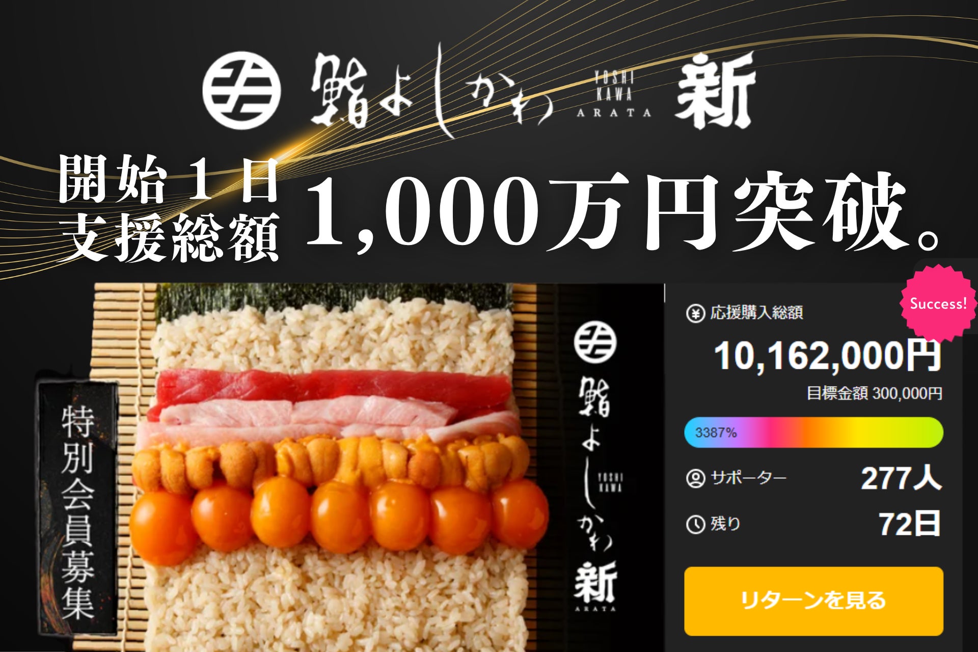 開始わずか1日で支援総額1,000万円突破！「鮨よしかわ 新 -ARATA- 六本木」がクラウドファンディングで早くも支持を獲得。