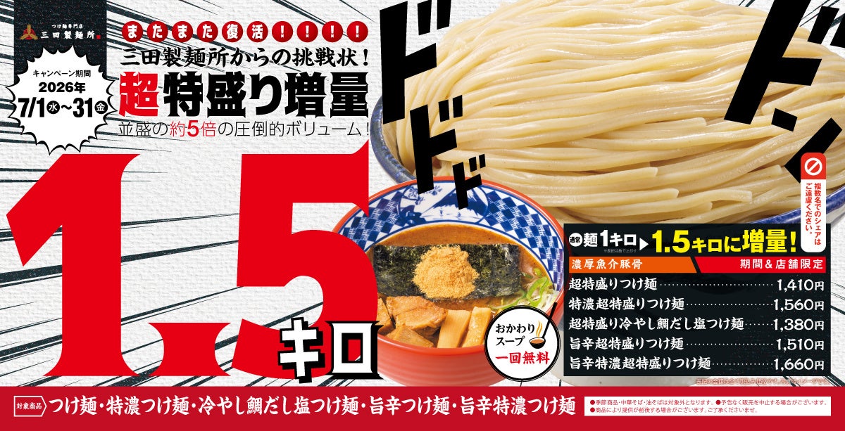 【三田製麺所からの挑戦状】待望の復活！デカ盛り衝撃再び お待たせしました『超特盛り1.5kgつけ麺』