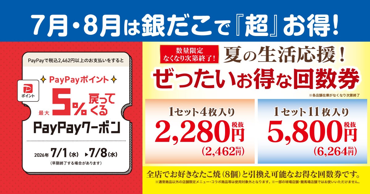 【7/1～数量限定！『夏の回数券』発売決定】築地銀だこ “ぜったいお得な” 「夏の回数券」、PayPayクーポンを取得して購入すると、『超』 お得！！