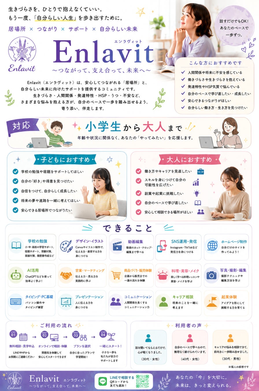 【2026年最新】オンラインスクール『Enlavit（エンラヴィット）』が目指す、子どもから大人まで、一人ひとりの「好き」を未来につなげる場所へ。