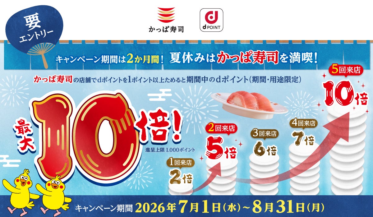 夏休みのかっぱ寿司は通うほどお得に⁉来店ごとにdポイントの倍率がアップ、5回目で10倍に！「ポイント倍率UPキャンペーン」を開催