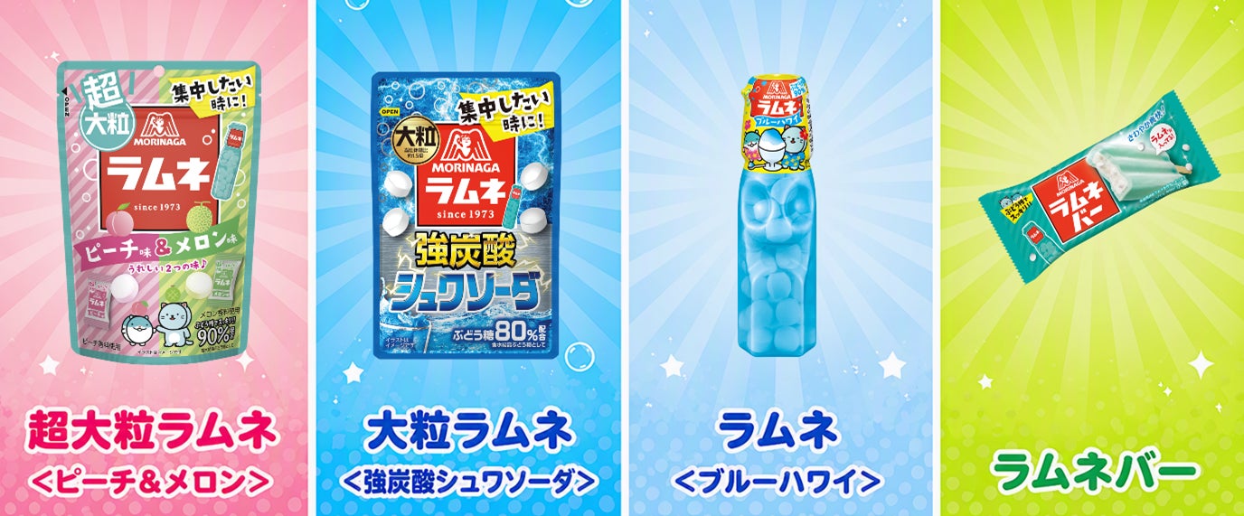 「森永ラムネ」シリーズが集中したい時を応援！「超大粒ラムネ＜ピーチ＆メロン＞」「大粒ラムネ＜強炭酸シュワソーダ＞」「ラムネ＜ブルーハワイ＞」「ラムネバー」7月20日（月）より順次発売
