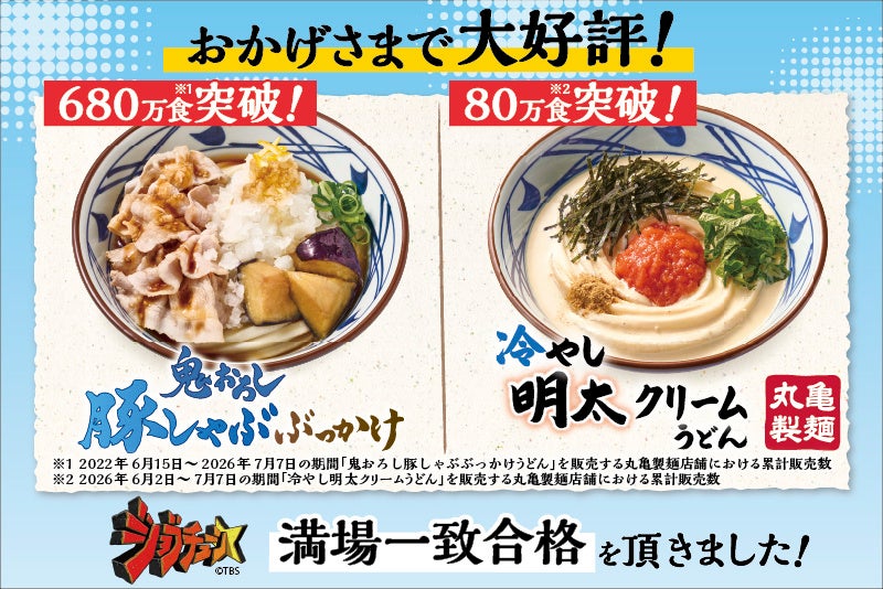打ち立てうどんを水できゅっと締めた、のど越しの良さが楽しめる夏の人気商品『鬼おろし豚しゃぶぶっかけうどん』累計680万食、『冷やし明太クリームうどん』累計80万食を突破！