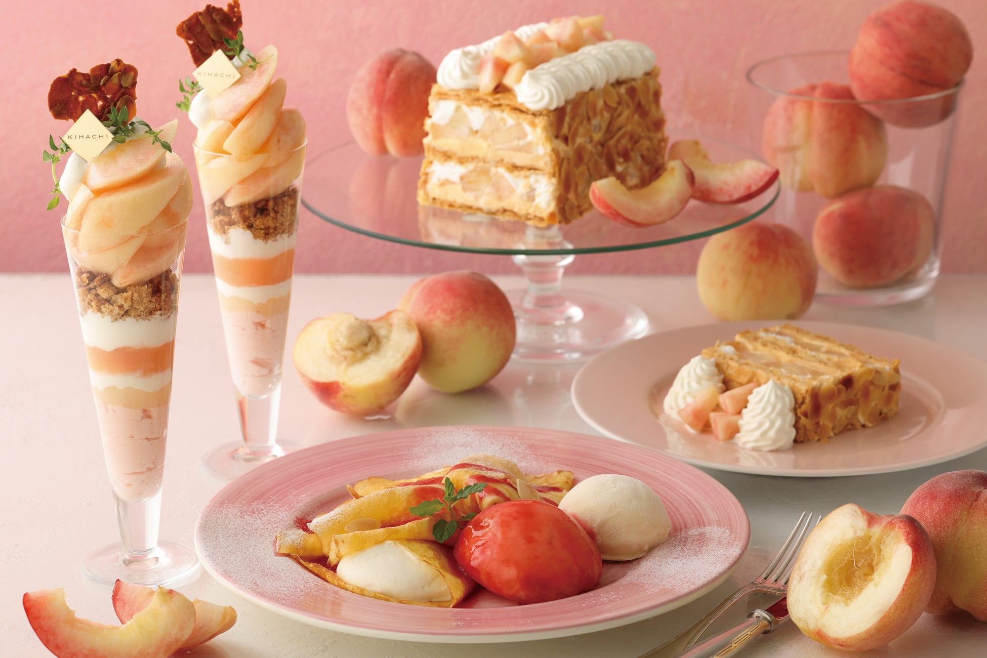 【キハチ カフェ】ジューシーな白桃スイーツが楽しめる「夏のピーチスイーツフェア」を開催！爽やかなライチがアクセントになった白桃のパフェなど