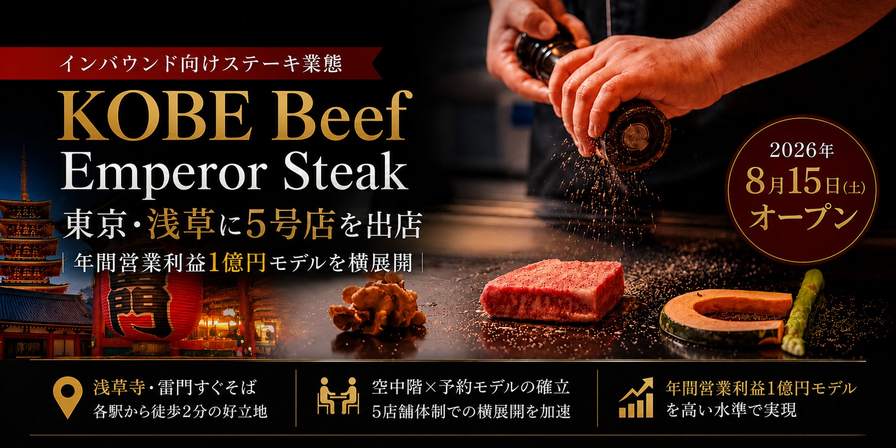 ホリイフードサービス、インバウンド向け「KOBE Beef Emperor Steak」を東京・浅草に出店　年間営業利益1億円モデルを横展開