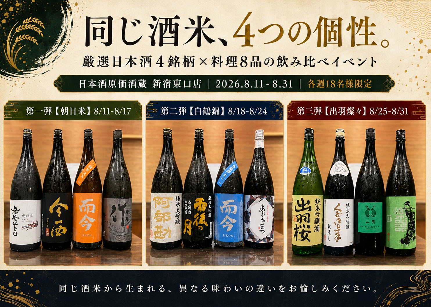 【各18名様限定】『同じ酒米、4つの個性』厳選4銘柄×料理8品の飲み比べイベントを日本酒原価酒蔵 新宿東口店で開催！｜8月11日(火)〜8月31日(月)