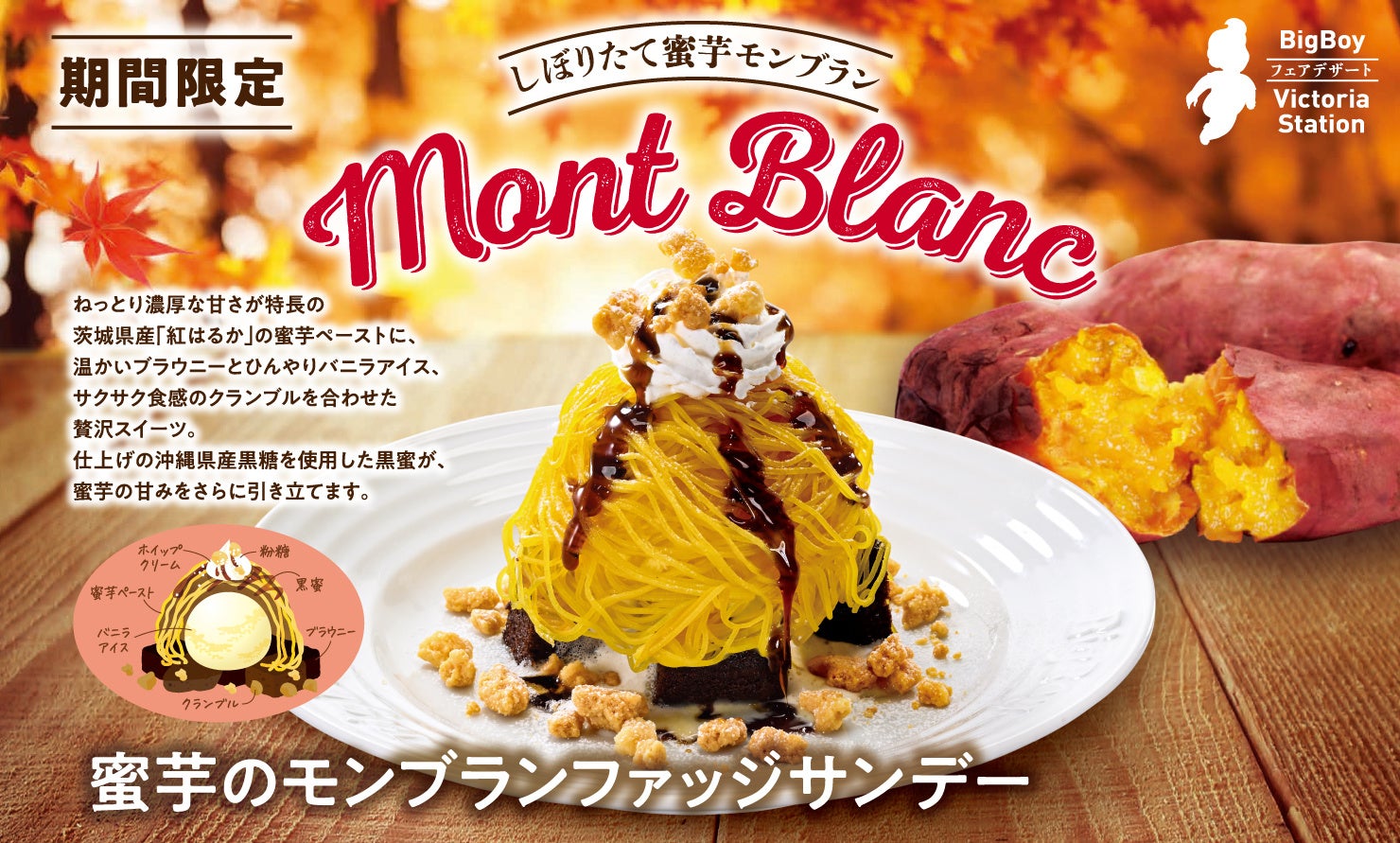 【ビッグボーイ】“紅はるか”の濃厚な甘みとねっとりとした食感を楽しむ！“蜜芋モンブラン”を今年はファッジサンデー仕立てでご提供