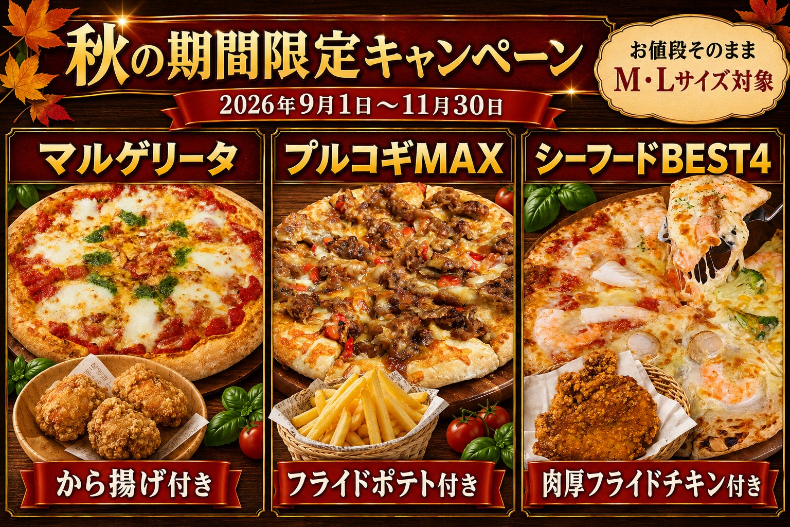 鹿児島の「ナチュラルスマイルピザ」秋の期間限定キャンペーン開催中！人気ピザ3商品がお値段そのままで、から揚げ・ポテト・チキン付き